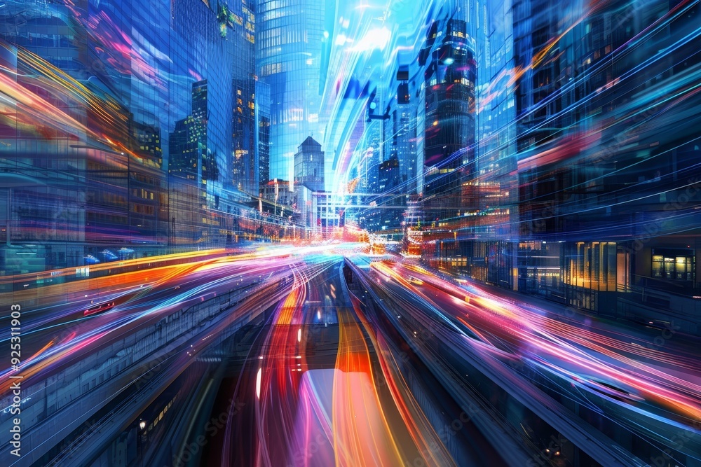 A city street crowded with towering buildings and bustling activity, Ribbons of energy streaming through a futuristic cityscape A city street crowded with towering buildings and bustling activity, Ribbons of energy streaming through a futuristic cityscape