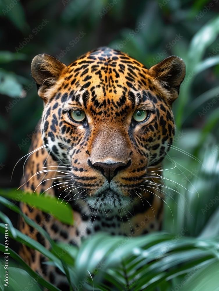 A leopard peers intensely from lush greenery A leopard peers intensely from lush greenery