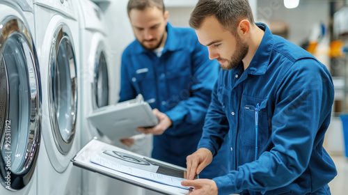 Quality assurance team inspecting appliances for compliance with safety standards