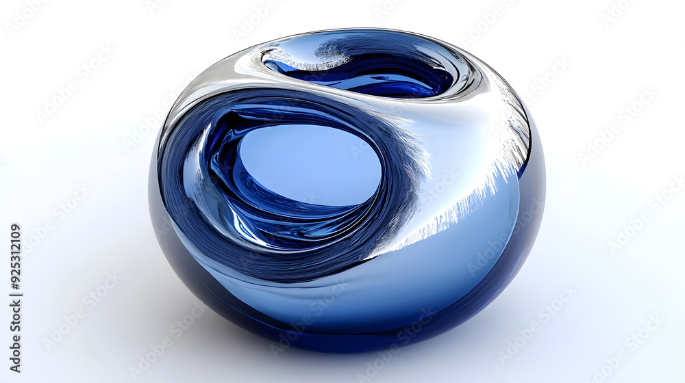 A glossy, abstract blue sculpture with intertwining shapes. A glossy, abstract blue sculpture with intertwining shapes.
