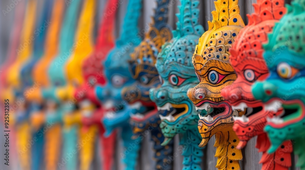 A row of colorful masks hanging on a wall