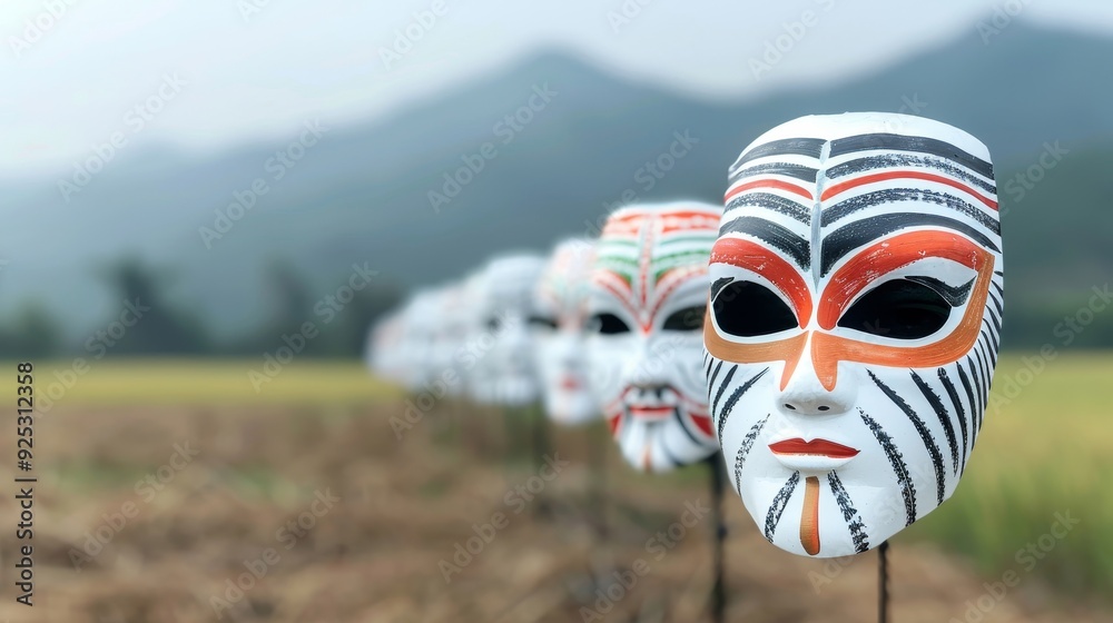 Naklejka premium Three young people wearing colorful costumes and masks stand in a line