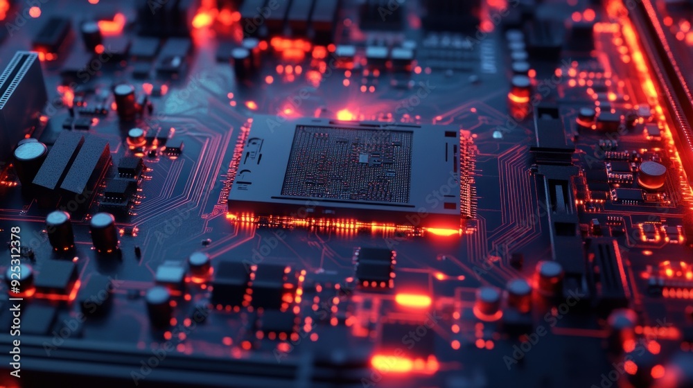 Circuit Board with Glowing Red Lines Circuit Board with Glowing Red Lines
