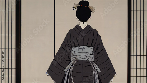 Illustration The elegance of traditional Japanese fashion: kimono and sophisticated geisha style in detailed patterns and a minimalist setting