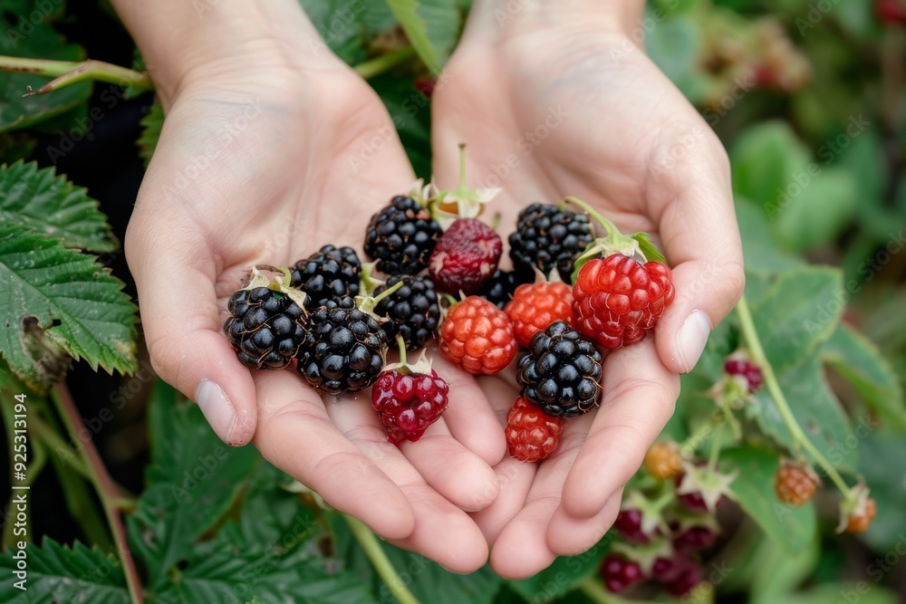 A persons hands holding ripe, juicy raspberries, Ripe, juicy berries picked at the peak of perfection A persons hands holding ripe, juicy raspberries, Ripe, juicy berries picked at the peak of perfection