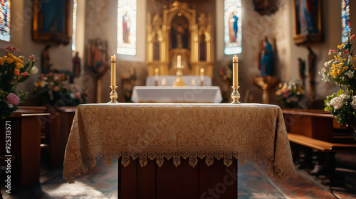 Ornate altar cloth in a church