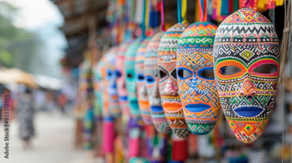 A row of colorful masks hanging on a pole