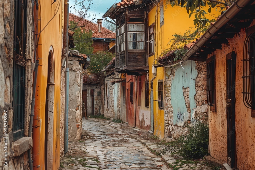 Fototapeta premium A narrow cobblestone street winds through an old European village, showcasing historic architecture, Roaming through winding alleyways of a historic old town