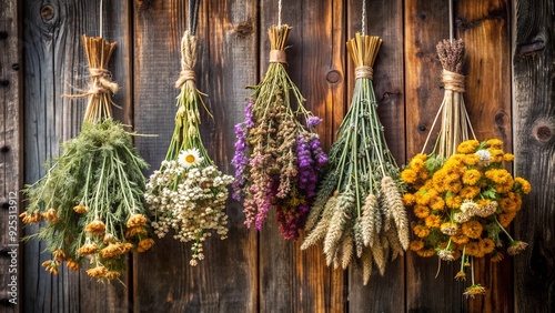 A bouquet of dried flowers and herbs hanging from a rustic wooden wall