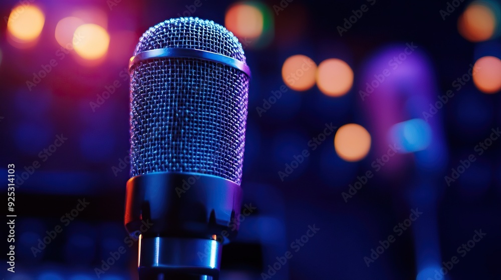 Close-up of a microphone with colorful lights in the background, perfect for music, performance, and studio themes. Close-up of a microphone with colorful lights in the background, perfect for music, performance, and studio themes.