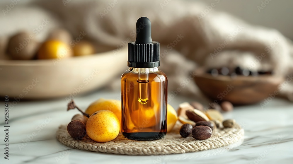 A splash of oil and fruit for skin care in a bottle A splash of oil and fruit for skin care in a bottle