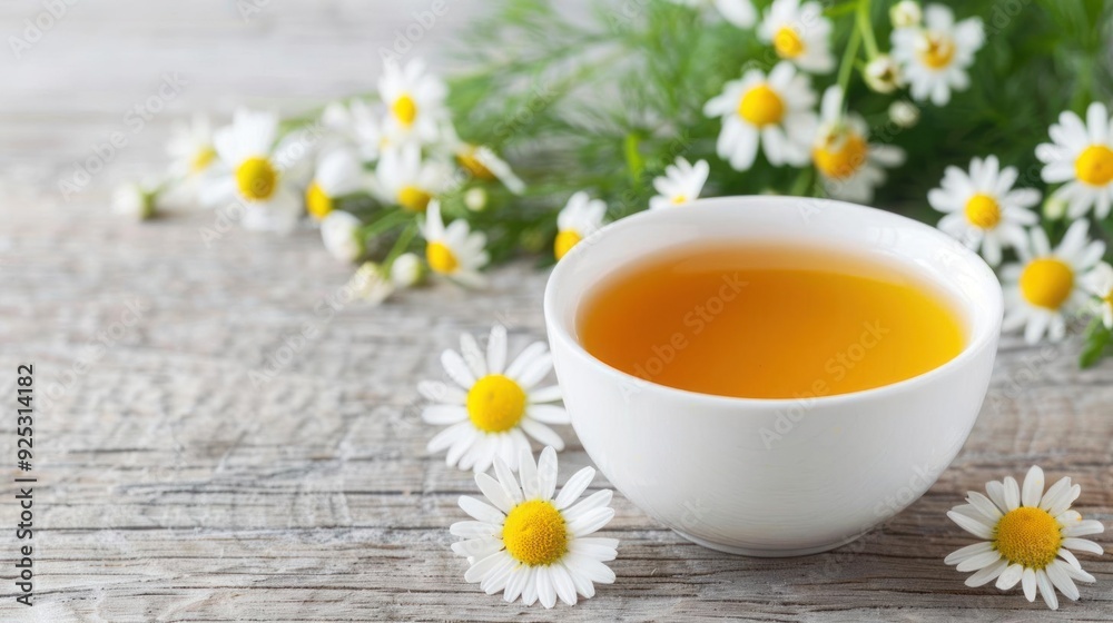 A serene cup of chamomile tea surrounded by fresh daisies, evoking a sense of relaxation and natural wellness. A serene cup of chamomile tea surrounded by fresh daisies, evoking a sense of relaxation and natural wellness.