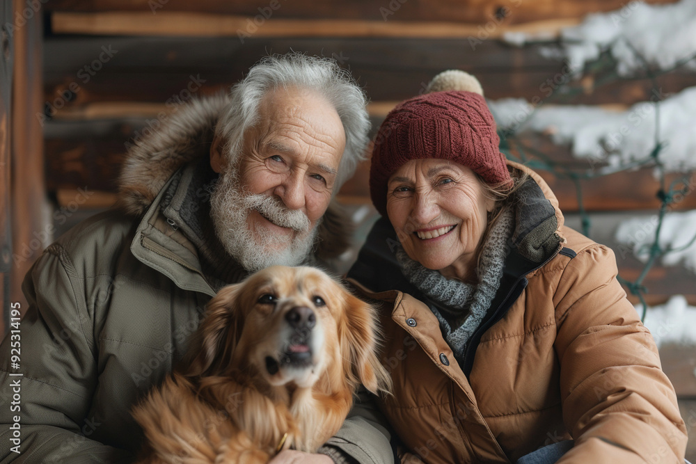 Senior Couple Posing with Golden Retriever Dog Senior Couple Posing with Golden Retriever Dog