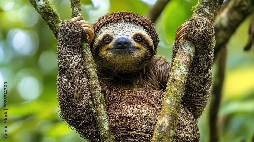 Fototapeta premium furry sloth with a friendly face hanging from a tree branch.
