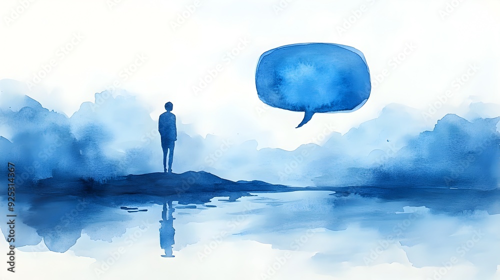 Solitary Silhouette Reflecting on Encrypted Communication in Serene Watercolor Landscape Solitary Silhouette Reflecting on Encrypted Communication in Serene Watercolor Landscape