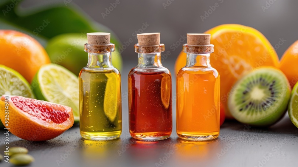 Essential oils in glass bottles with fresh citrus fruits and kiwi background, perfect for wellness and aromatherapy concepts. Essential oils in glass bottles with fresh citrus fruits and kiwi background, perfect for wellness and aromatherapy concepts.