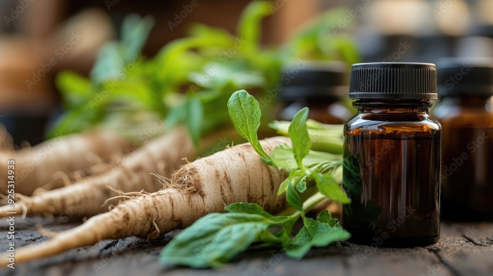 Fresh herbal essence with roots and essential oil bottles on rustic wood, highlighting natural remedies and wellness. Fresh herbal essence with roots and essential oil bottles on rustic wood, highlighting natural remedies and wellness.
