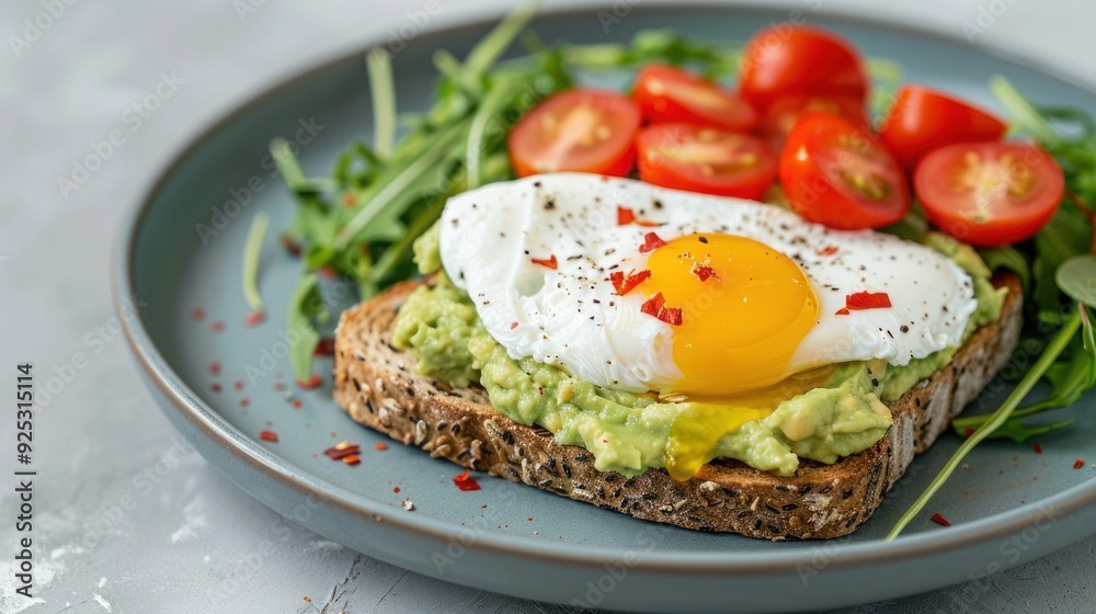 Healthy breakfast with avocado toast topped with fried egg and fresh vegetables. Perfect morning meal for a nutritious start to the day. Healthy breakfast with avocado toast topped with fried egg and fresh vegetables. Perfect morning meal for a nutritious start to the day.