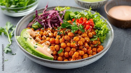 Healthy vegan chickpea bowl with fresh vegetables, avocado, and dressing on a gray table. Balanced diet, colorful and nutritious meal.