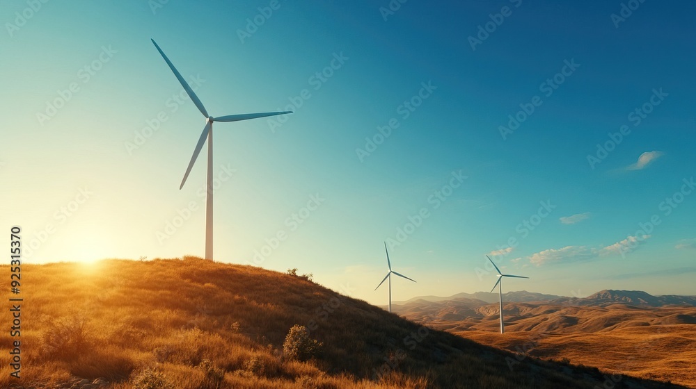 Scenic landscape featuring wind turbines under a vibrant sky during sunset, showcasing clean energy and natural beauty. Scenic landscape featuring wind turbines under a vibrant sky during sunset, showcasing clean energy and natural beauty.
