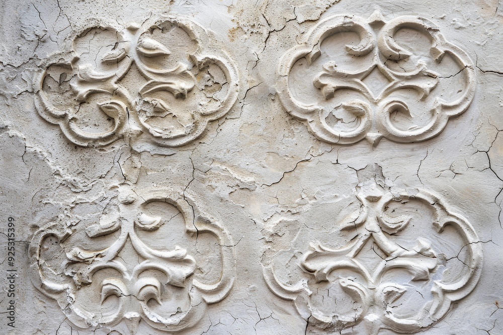 Obraz premium White stucco wall adorned with four intricate ornate designs, Rough stucco surface marked with intricate patterns