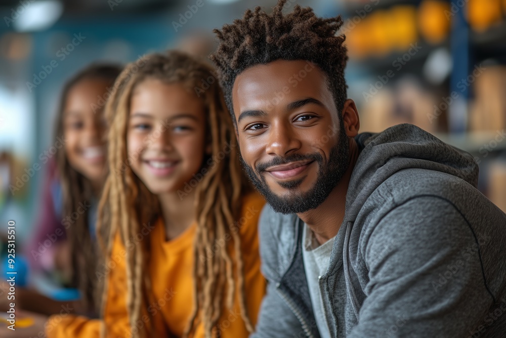 A smiling man interacts with children in a bright learning environment during an engaging workshop A smiling man interacts with children in a bright learning environment during an engaging workshop