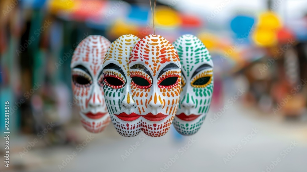 A group of people wearing colorful masks with different designs A group of people wearing colorful masks with different designs