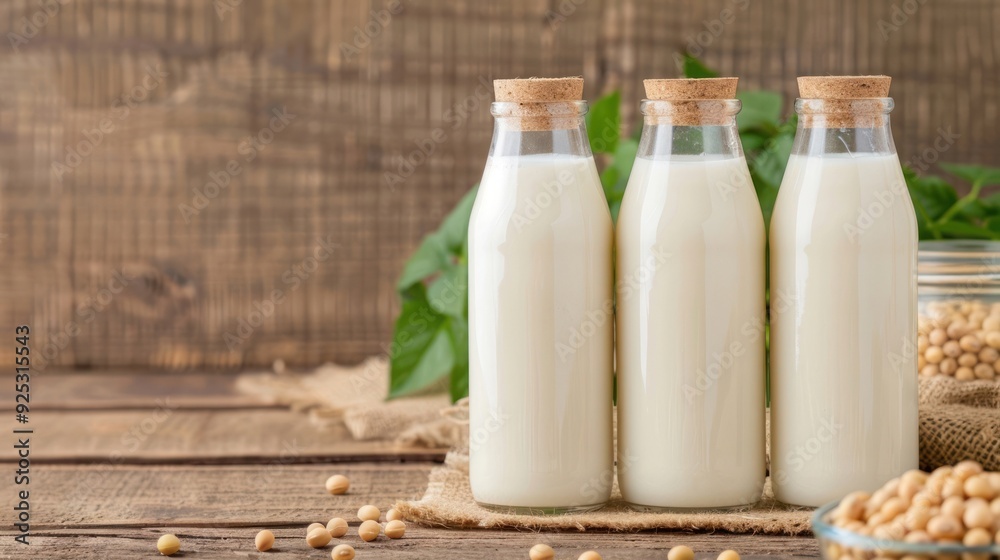 Three bottles of fresh soy milk on a rustic wooden table, surrounded by soybeans and green leaves, capturing a healthy and natural lifestyle. Three bottles of fresh soy milk on a rustic wooden table, surrounded by soybeans and green leaves, capturing a healthy and natural lifestyle.