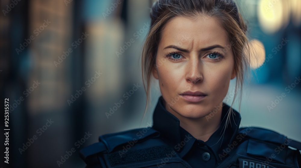 Obraz premium A female police officer in full uniform stands looking determined, capturing the essence of duty and bravery on city streets.