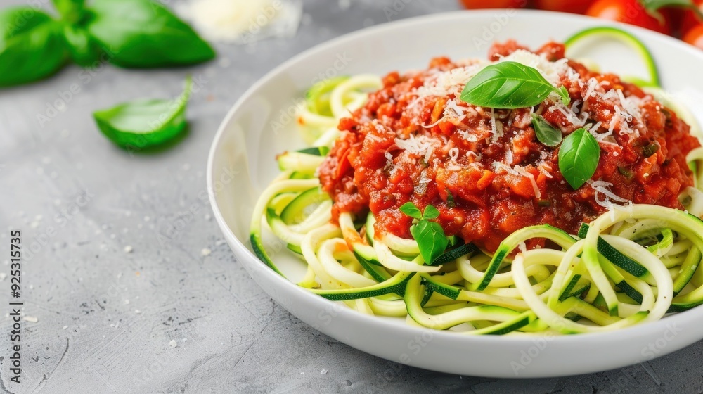 Zucchini noodles topped with a rich tomato sauce and fresh basil, perfect for a healthy and delicious meal Zucchini noodles topped with a rich tomato sauce and fresh basil, perfect for a healthy and delicious meal