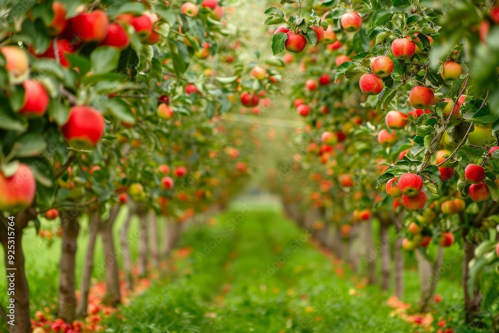 A row of trees bursting with ripe red apples ready for harvesting, Rows of apple trees heavy with ripe fruit ready for harvest A row of trees bursting with ripe red apples ready for harvesting, Rows of apple trees heavy with ripe fruit ready for harvest