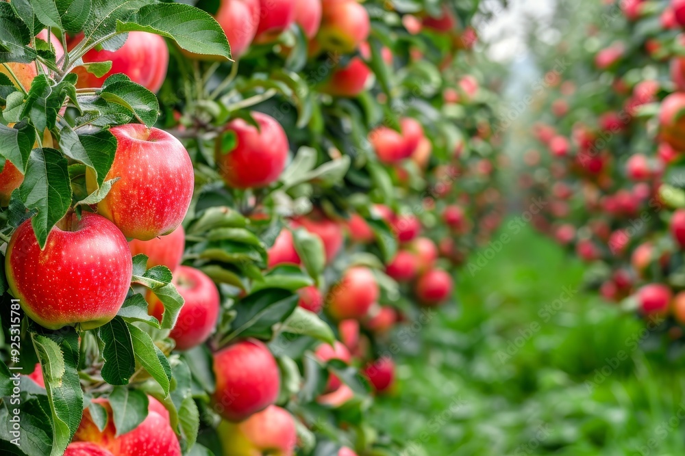 A field filled with rows of apple trees bearing abundant red fruit, Rows of apple trees heavy with ripe fruit ready for harvest A field filled with rows of apple trees bearing abundant red fruit, Rows of apple trees heavy with ripe fruit ready for harvest