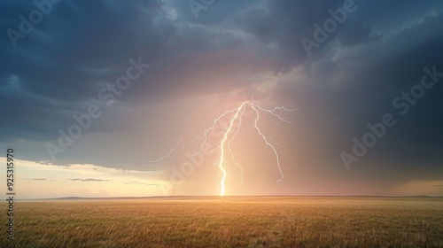 A stormy sky with a lightning bolt and a calm lake