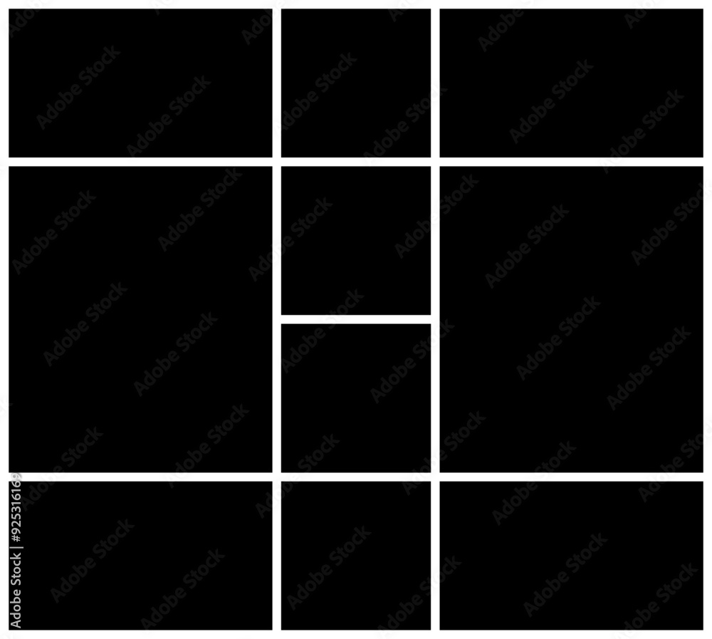 Rectangle Picture gallery collage lay out vector. Template of family photo wall moodboard grid, black and white square shape. Rectangle Picture gallery collage lay out vector. Template of family photo wall moodboard grid, black and white square shape.