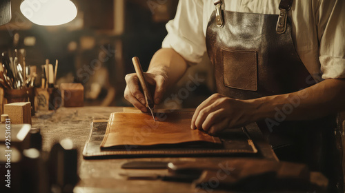 Skilled artisan crafting a leather bag in a workshop, showcasing traditional techniques