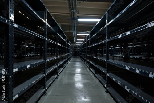 A vast expanse of warehouse shelves stretching far into the distance, Rows of empty shelves stretching into the darkness