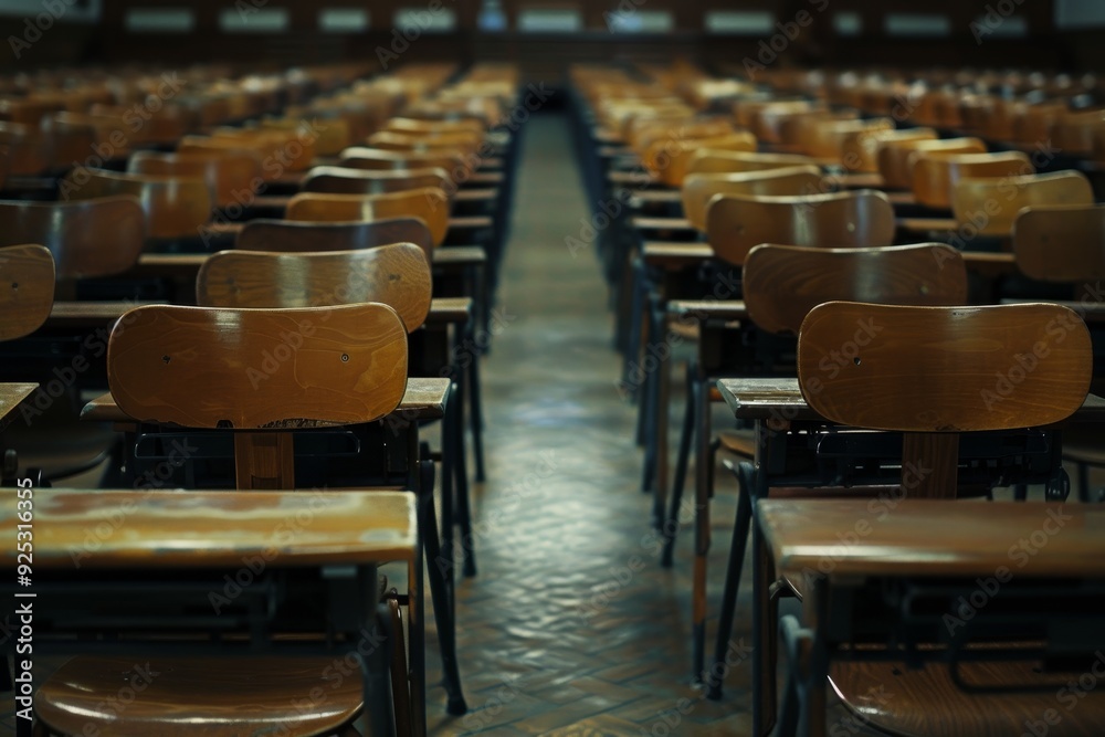 Fototapeta premium Rows of empty wooden chairs filling a room, Rows of empty wooden desks and chairs