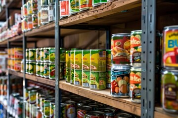 Rows of neatly stacked shelves holding cans of canned food in a grocery store, Rows of neatly stacked shelves displaying a variety of canned goods