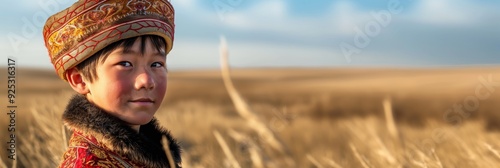 A young boy in a traditional outfit stands in a golden field, symbolizing connection to heritage, culture and the natural environment. photo