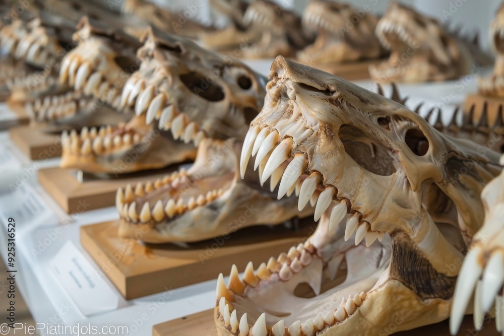 A row of animal skulls with sharp serrated teeth displayed on a table, Rows of sharp, serrated teeth on full display A row of animal skulls with sharp serrated teeth displayed on a table, Rows of sharp, serrated teeth on full display