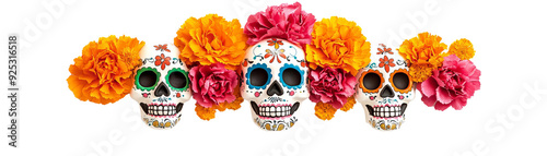 Colorful decorative skulls with vibrant flowers, celebrating the Day of the Dead tradition with artistry and cultural significance. photo