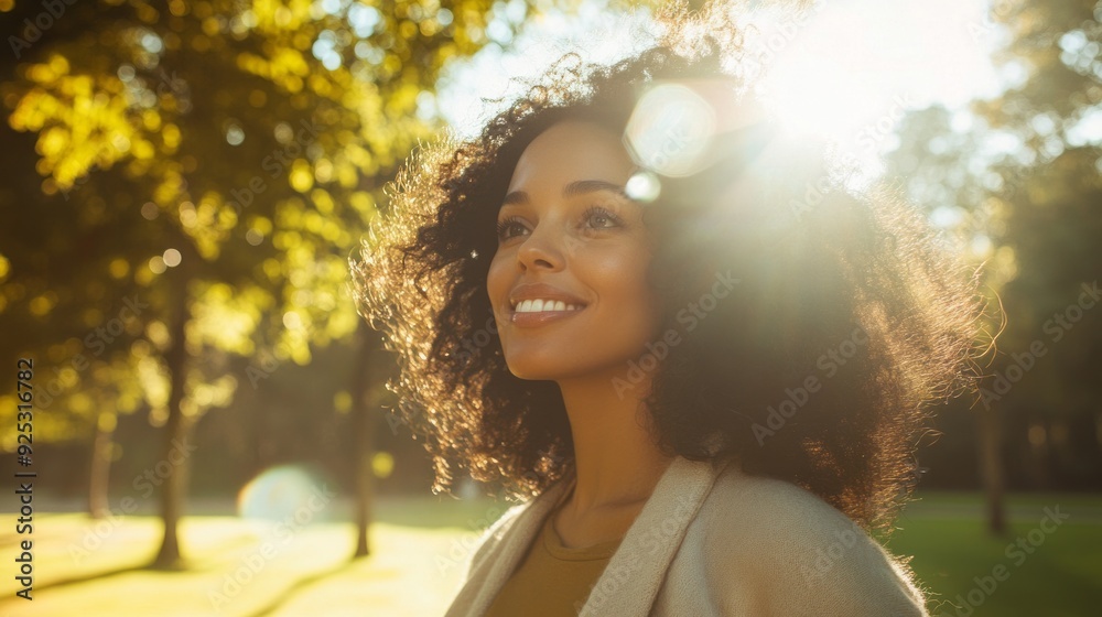 Smiling woman with curly hair enjoying a sunny day in the park. Smiling woman with curly hair enjoying a sunny day in the park.
