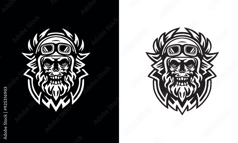Biker skull head with beard.vector illustration on white background