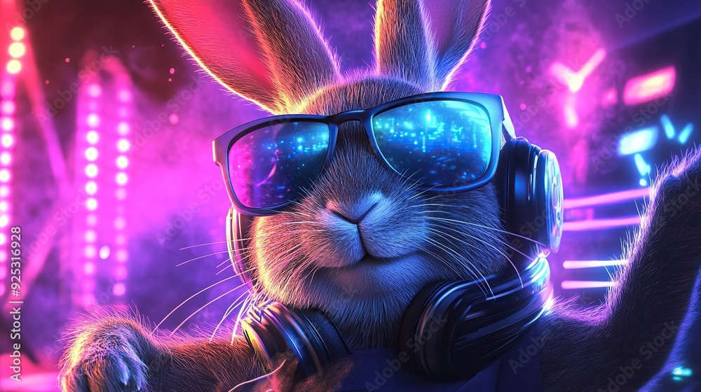 A close-up of a bunny wearing sunglasses and headphones, lit by bright pink and blue lights. A close-up of a bunny wearing sunglasses and headphones, lit by bright pink and blue lights.