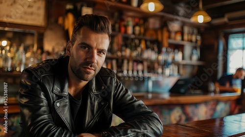 A confident man in a leather jacket sits at a rustic bar counter, gazing directly into the camera with a defiant expression.