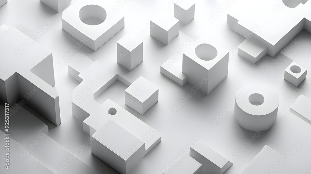 A minimalist arrangement of geometric shapes in white, creating a modern abstract composition. A minimalist arrangement of geometric shapes in white, creating a modern abstract composition.