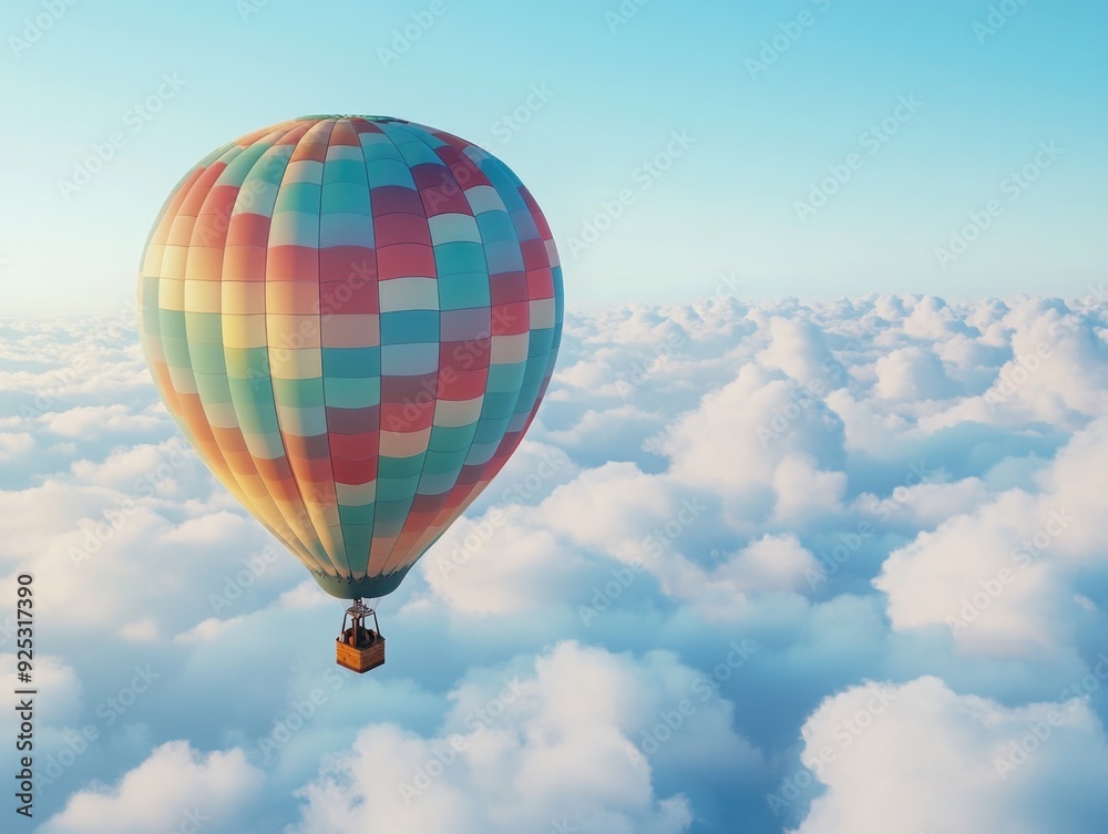 Fototapeta premium Vibrant Rainbow Hot Air Balloon Soaring in the Clouds