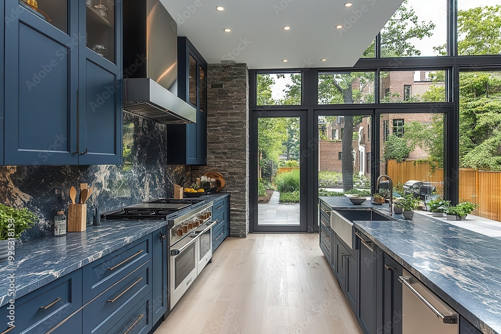 modern scandinavian kitchen with deep blue cabinetry and sleek marble countertops natural light streams through large windows highlighting minimalist decor and stateoftheart appliances modern scandinavian kitchen with deep blue cabinetry and sleek marble countertops natural light streams through large windows highlighting minimalist decor and stateoftheart appliances