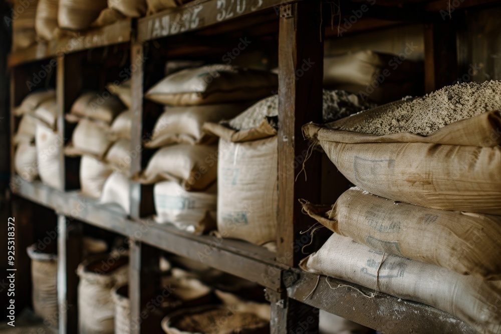 Multiple bags of sand neatly arranged on a shelf in storage, Sacks of flour and sugar stored in bins Multiple bags of sand neatly arranged on a shelf in storage, Sacks of flour and sugar stored in bins