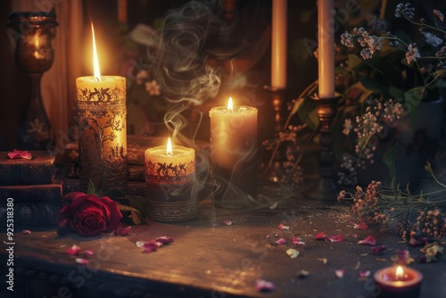 A table adorned with lit candles and fresh flowers, set for a sacred ritual or prayer ceremony, Sacred rituals and prayers honoring the triumph of light over darkness photo